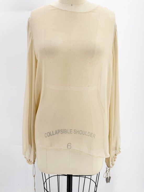 Tops - Neutral Beige Sheer LSV Rhinestone Tie Cuff Blouse M